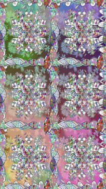 Tarafsız renklerde çok renkli, zarif küçük çiçekler ve komik böcekler, raster deseni, illüstrasyon.