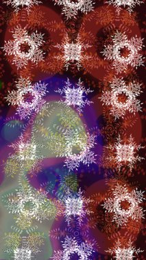 Raster illüstrasyonu. Noel ve yeni yıl moda baskıları için tatil tasarımı. Kahverengi, kırmızı ve nötr kar taneleri. Renkler. Kar tanelerinin soyut arkaplanlı Noel deseni.