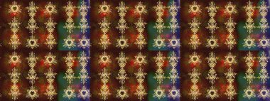 Varicolobrown, yeşil ve sarı raster çizimi. Bir sürü kahverengi, yeşil ve sarı soyut çiçekli tropik eskiz deseni. Küçük çiçekte sevimli çiçek deseni var..