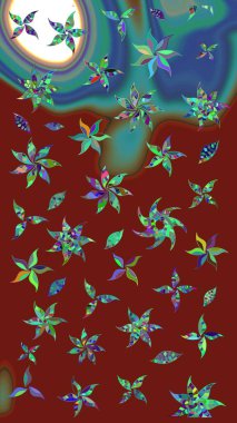 Suluboya elle çizilmiş çiçek desenli eskiz deseni. Parlak renkli fantezi çiçekleri, yapraklar, kırmızı renkli tomurcuklar..