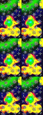 Düz Çiçek Elementleri Tasarımı. Renkli Bahar Teması eskiz kalıbı. Yeşil renkli çiçekler. Çiçek desenli çizim. Asya tekstil tarzında. Raster illüstrasyonu.