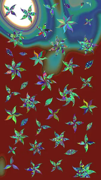 Suluboya elle çizilmiş çiçek desenli eskiz deseni. Parlak renkli fantezi çiçekleri, yapraklar, kırmızı renkli tomurcuklar..