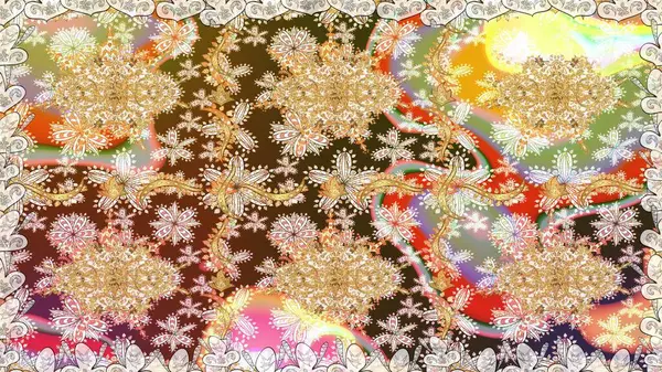 Kusursuz kraliyet lüksü, altın barok kumaş rengi. Altın antika ortaçağ dekoratifi, yaprakları ve bej rengi altın desenli süslemeleri olan pürüzsüz bir desen..