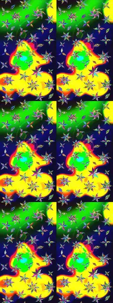 Düz Çiçek Elementleri Tasarımı. Renkli Bahar Teması eskiz kalıbı. Yeşil renkli çiçekler. Çiçek desenli çizim. Asya tekstil tarzında. Raster illüstrasyonu.