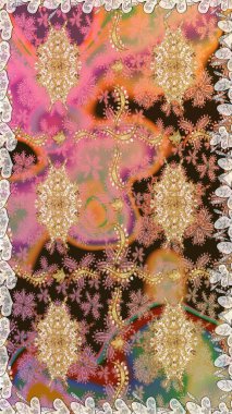 Kusursuz kraliyet lüksü, altın barok kumaş rengi. Altın antika ortaçağ dekoratifi, yapraklar ve kahverengi renkli altın desenli süslemelerle pürüzsüz bir desen..