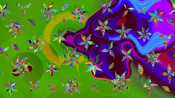 Sanat, çiçeklere ilham verir ve arka plan bırakır. Yeşil el çizimi desen. Karalama çiçekleri çizim kalıbı. Raster deseni.