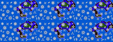 Şirin çiçekli eskiz deseni ve mavi renkli yapraklar, suluboya çiçek deseni, duvar kağıdı, kart veya kumaş için fayanslı. Raster illüstrasyonu.