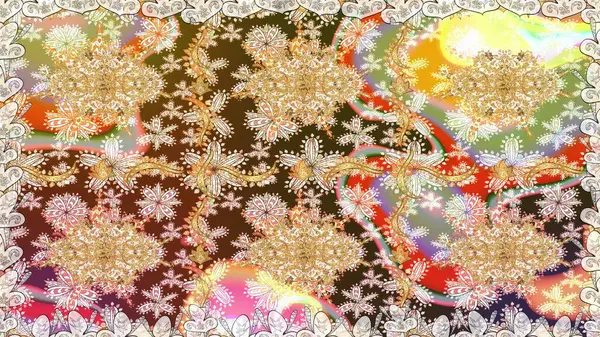 Kusursuz kraliyet lüksü, altın barok kumaş rengi. Altın antika ortaçağ dekoratifi, yaprakları ve bej rengi altın desenli süslemeleri olan pürüzsüz bir desen..