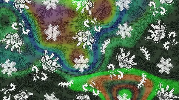 Raster Çiçek İllüstrasyonu güzel tekstil. Yeşil renkli etnik çiçeklerle zarif eskiz deseni.