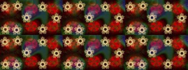 Kahverengi, kırmızı ve yeşil renklerde kar tanesinden yapılmış kış deseni. Kış konsepti Düz yatıyordu. Raster illüstrasyonu.