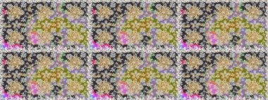 Altın antika ortaçağ dekoratifi, yapraklar ve gri renkli altın desenli süslemeleri olan pürüzsüz bir şablon. Kusursuz kraliyet lüksü, altın barok kumaş rengi..