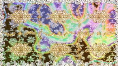 Raster altın tekstil baskısı. Kusursuz desenli oryantal süs. Altın elementlerle nötr renklerde altın desen. İslam tasarımı. Çiçek karoları.