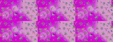 Raster illüstrasyonundaki çiçek desenli çizim. Mor renkte çiçekler. Renkli Bahar Teması eskiz kalıbı. Düz Çiçek Elementleri Tasarımı.