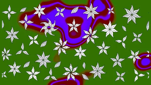 Raster - stok. Eskiz arkaplan modeli. Yapraklı çiçekler ve yeşil renkli papatya çiçekleri..