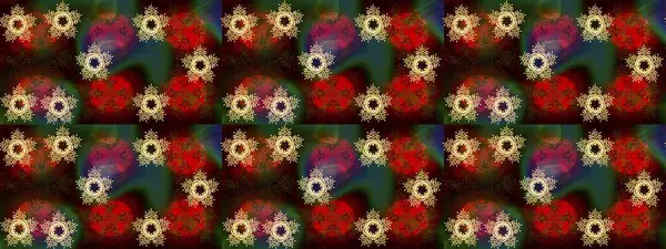 Kahverengi, kırmızı ve yeşil renklerde kar tanesinden yapılmış kış deseni. Kış konsepti Düz yatıyordu. Raster illüstrasyonu.