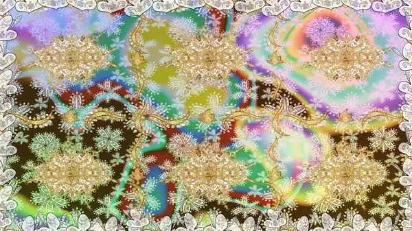 Barok tarzında altın çiçek süsü. Damask arkaplanı tekerrür ediyor. Antika altın tekrarlanabilir duvar kağıdı. Tarafsız renklerde altın element.