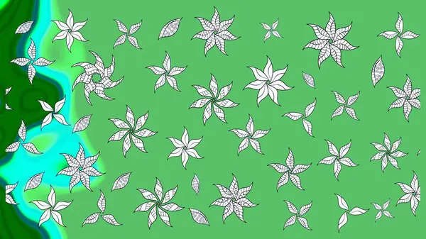 Tekstil, kumaş, ambalaj, hatıra defteri için hoş bir çiçek arkaplanı. Çocuksu tasarım. Elle çizilmiş çiçek desenli Raster çizimi. Yeşil arkaplanda.