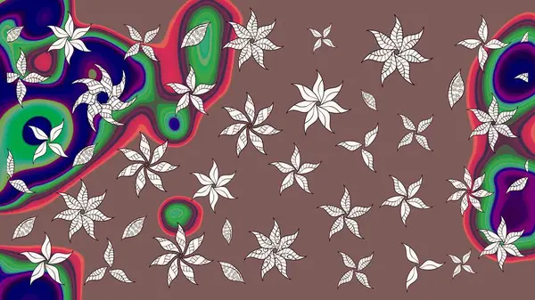 Çiçek ve yapraklı karalama şeklinde Raster çiçek deseni. Raster illüstrasyonu. Yumuşak, bahar çiçekleri kahverengi renklerde.