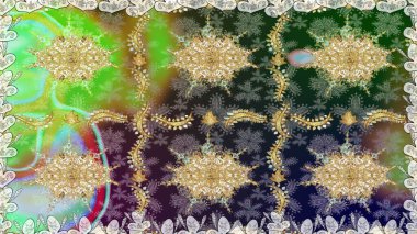 Davetiyeler, kartlar, web sayfası için Raster illüstrasyon. Altın desenli çiçek dekoru. Yeşil renklerdeki altın element. Çizgi sanatı tasarım şablonu için kusursuz sınır. Doğu tarzı ögesi.