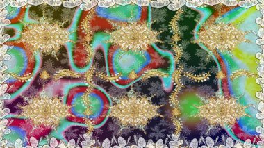 Dekoratif simetri arabesk. Kusursuz ortaçağ çiçek deseni. Doğum günü kartı, davetiye ya da afiş için iyidir. Raster illüstrasyonu. Tarafsız renklerde altın.