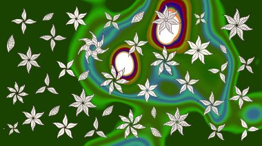 Raster illüstrasyonu. Yeşil renkli Asya tekstili. Suluboya çiçekli çiçek deseni.