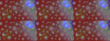 Kahverengi arka planda. Çocuksu tasarım. Tekstil, kumaş, ambalaj, hatıra defteri için hoş bir çiçek arkaplanı. Elle çizilmiş karalama çiçekleri ile Raster çizim deseni.