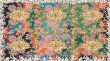 Arkaplan, kumaş, altın duvar kağıdı. Raster altın pürüzsüz desen. Düz elle çizilmiş klasik koleksiyon. Altın elementlerle bej renklerde altın desen.