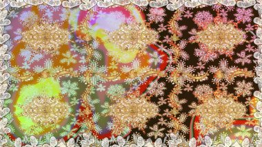 Doğum günü kartı, davetiye ya da afiş için iyidir. Kahverengi renklerde altın. Kusursuz ortaçağ çiçek deseni. Dekoratif simetri arabesk. Raster illüstrasyonu.