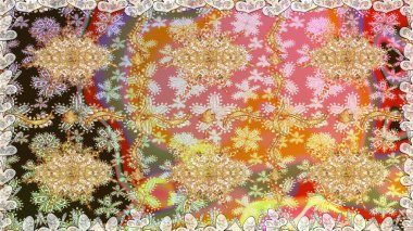 Altın elementlerle bej renklerde altın desen. İslam tasarımı. Raster altın tekstil baskısı. Kusursuz desenli oryantal süs. Çiçek karoları.