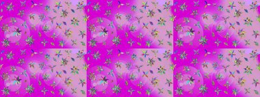 Yumuşak, bahar çiçekleri morumsu renklerde. Yaprak ve çiçeklerin suluboya resimleri, eflatun renkler üzerine çizimler. Raster illüstrasyonu.