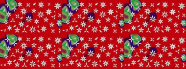 Eski usul. Raster illüstrasyonu. Eskiz geçmişi. Kumaş, tekstil, duvar kağıdı baskısı için. Renkli desenli eskiz deseni, kırmızı çiçekler ve dekoratif elementler.