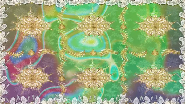 Raster altın desen. Doğulu stil, altın elementli yeşil renkli altın desenli arabesk yapar. Kusursuz kıvırcık saçlar..