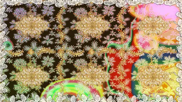 Kusursuz kraliyet lüksü, altın barok kumaş rengi. Altın antika ortaçağ dekoratifi, yapraklar ve kahverengi renkli altın desenli süslemelerle pürüzsüz bir desen..