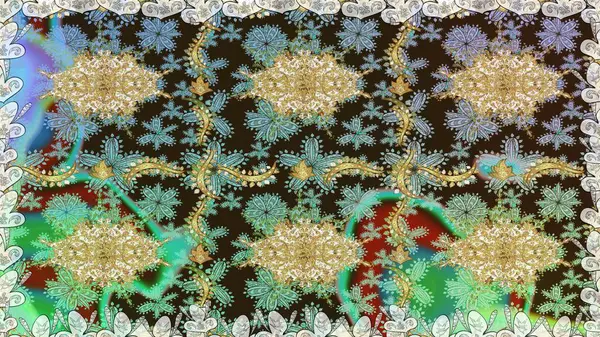 El yapımı dekoratif çerçeve, albüm kapağı, tebrik kartı, klasik Art deco tarzı. Raster soyut çiçek çelengi altın karalama fantezi yaprakları ve kahverengi renkte çiçek.