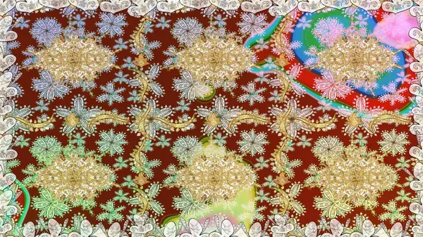 Altın desenli çiçek dekoru. Davetiyeler, kartlar, web sayfası için Raster illüstrasyon. Tarafsız renklerde altın element. Çizgi sanatı tasarım şablonu için kusursuz sınır. Doğu tarzı ögesi.