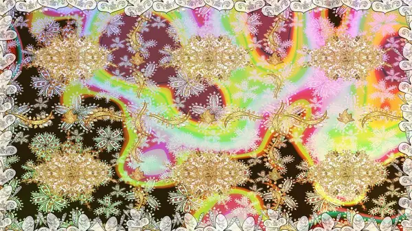 Raster altın tekstil baskısı. Çiçek kiremitleri. İslam tasarımı. Altın elementlerle nötr renklerde altın desen. Kusursuz desenli oryantal süs.