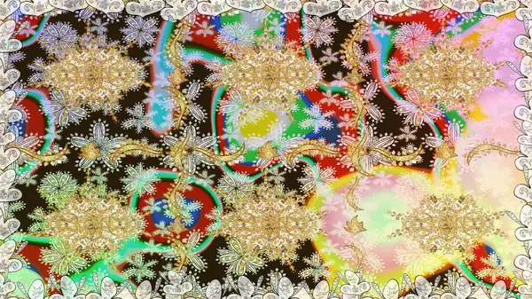 Doğum günü kartı, davetiye ya da afiş için iyidir. Tarafsız renklerde altın. Dekoratif simetri arabesk. Raster illüstrasyonu. Kusursuz ortaçağ çiçek desenleri..