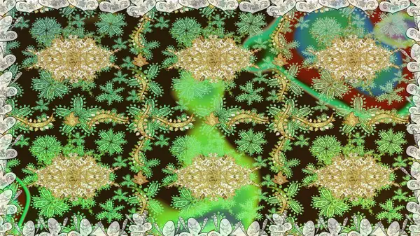 Doğu tarzı element. Yeşil renklerdeki altın element. Altın desenli çiçek dekoru. Çizgi sanatı tasarım şablonu için kusursuz sınır. Davetiyeler, kartlar, web sayfası için Raster illüstrasyonu.