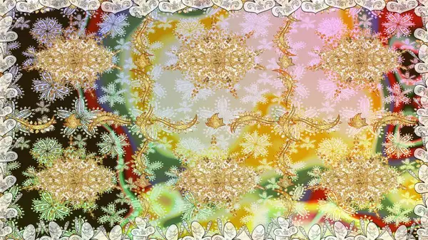 El yapımı dekoratif çerçeve, albüm kapağı, tebrik kartı, klasik Art deco tarzı. Raster soyut çiçek çelengi altın karalama fantezi yaprakları ve tarafsız renklerde çiçek.