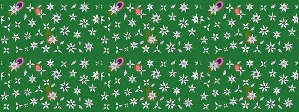 El çizimi çiçek unsurları olan soyut çizim raster deseni. Retro tekstil tasarım koleksiyonu. 1950-1960 motifleri. Yeşil yeşile. Çiçekli ipek eşarp..