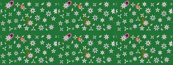 El çizimi çiçek unsurları olan soyut çizim raster deseni. Retro tekstil tasarım koleksiyonu. 1950-1960 motifleri. Yeşil yeşile. Çiçekli ipek eşarp..
