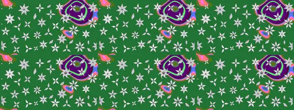 Raster illüstrasyonu. Yeşil renkli çiçekler. Çiçek desenli çizim. Raster illüstrasyonu. Asya tekstil tarzında.