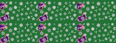 Yeşil renkli bitkilerden oluşan parlak çiçekli çizim deseni.