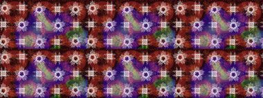 Mor, kahverengi ve kırmızı renklerde altın antika ortaçağ dekoratifi, yaprakları ve altın desenli süslemeleri olan Raster eskiz deseni. Kraliyet lüksü, altın barok kumaş rengi..