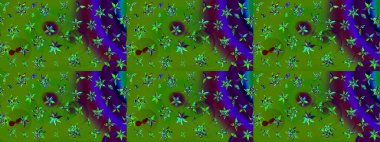 Çok yeşil zarif küçük çiçekler ve yeşil renkli komik böcekler, raster desen, illüstrasyon.