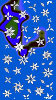 Şirin çiçekli eskiz deseni ve mavi renkli yapraklar, suluboya çiçek deseni, duvar kağıdı, kart veya kumaş için fayanslı. Raster illüstrasyonu.