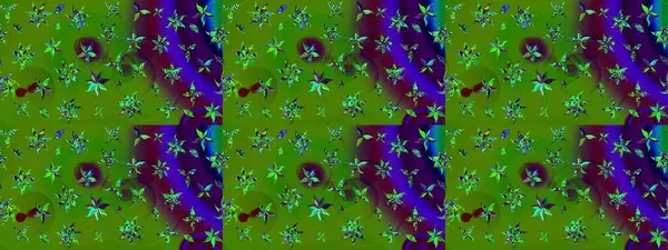 Çok yeşil zarif küçük çiçekler ve yeşil renkli komik böcekler, raster desen, illüstrasyon.