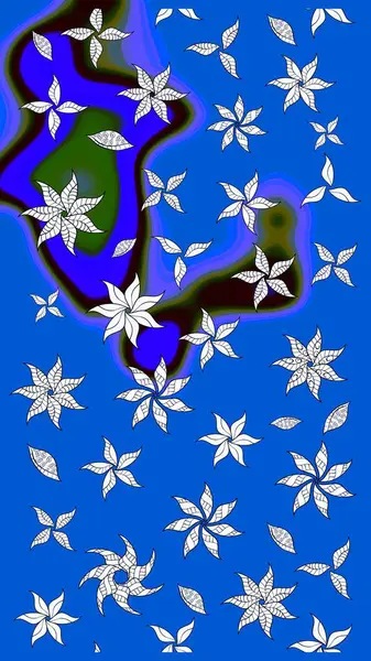 Şirin çiçekli eskiz deseni ve mavi renkli yapraklar, suluboya çiçek deseni, duvar kağıdı, kart veya kumaş için fayanslı. Raster illüstrasyonu.