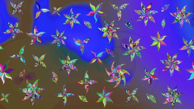 Yumuşak, mor renkte bahar çiçekleri. Raster illüstrasyonu. Patlayan çiçekler soyut olarak yerleştirilmiş. Raster deseni.