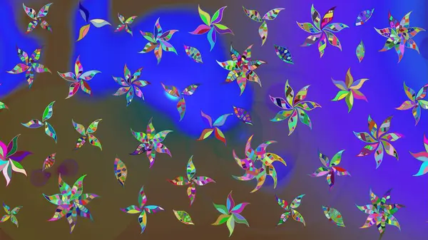 Yumuşak, mor renkte bahar çiçekleri. Raster illüstrasyonu. Patlayan çiçekler soyut olarak yerleştirilmiş. Raster deseni.